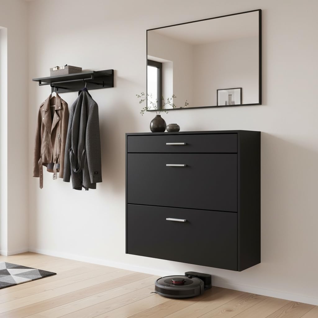 hängender Schuhschrank Roma Air Schmal mit 2 Klappen und 1 Schublade, Platzsparender Schuhkipper Flu