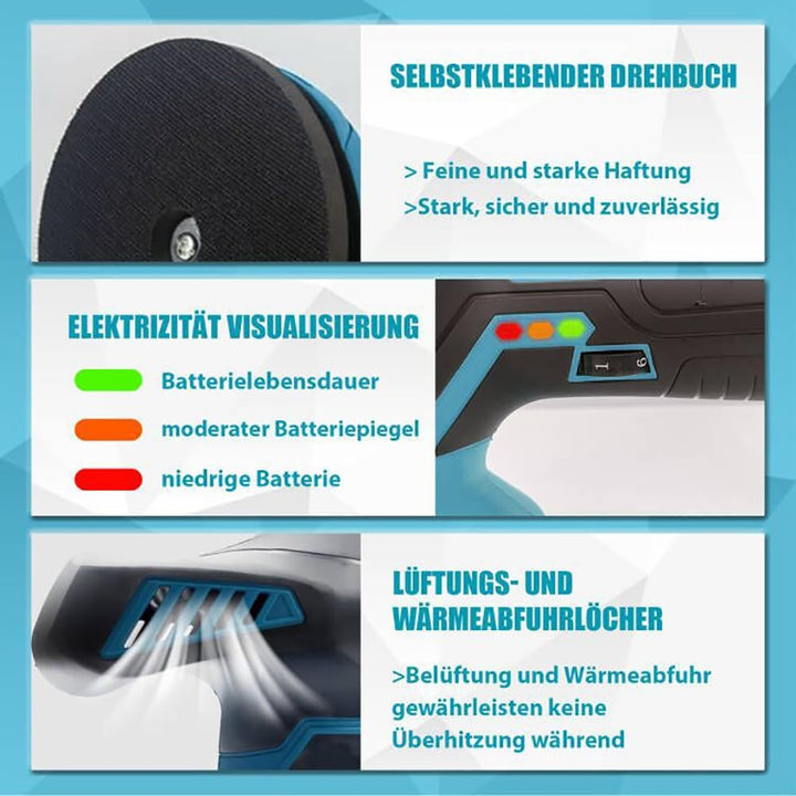 Akku Auto Poliermaschine 12V,Kabelloser Polierer mit 2x 3.0AH Akku,6 Drehzahlregulierung,145mm Polie