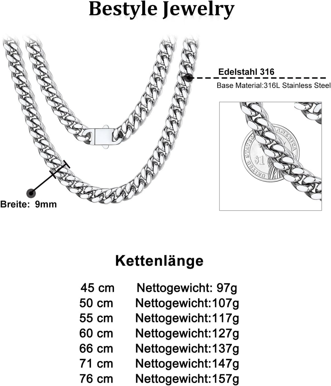 Bestyle Personalisierte Miami Panzerkette aus Edelstahl Breite 5/7 / 9 / 12mm Kubanische Kette Länge