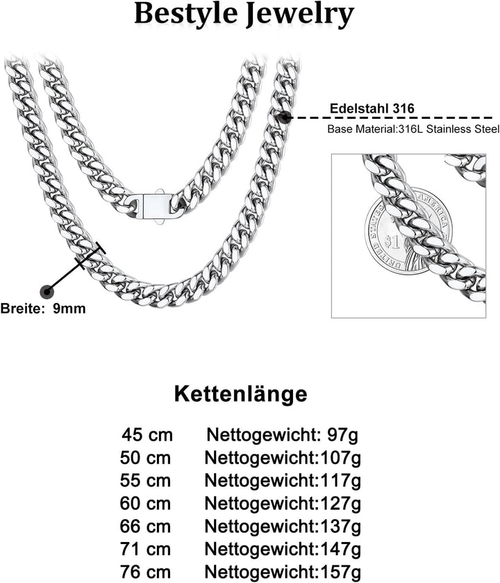 Bestyle Personalisierte Miami Panzerkette aus Edelstahl Breite 5/7 / 9 / 12mm Kubanische Kette Länge