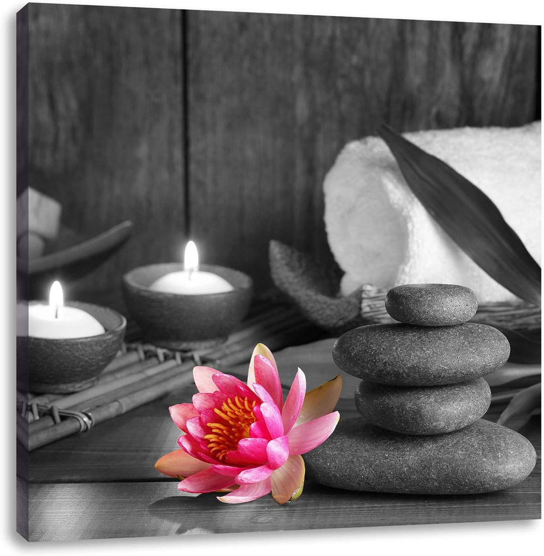 Pixxprint Kerzen Seerose Zen Steine als Leinwandbild/Grösse: 70x70 cm/Wandbild/Kunstdruck/fertig bes