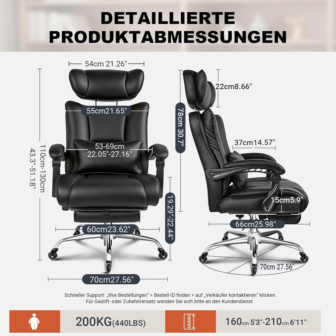 BASETBL Bürostuhl 200kg, Chefsessel mit 4-stufiger Gasdruckfeder, 3D Armlehnen, Verstellbarer Lenden