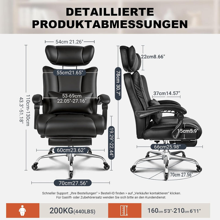 BASETBL Bürostuhl 200kg, Chefsessel mit 4-stufiger Gasdruckfeder, 3D Armlehnen, Verstellbarer Lenden