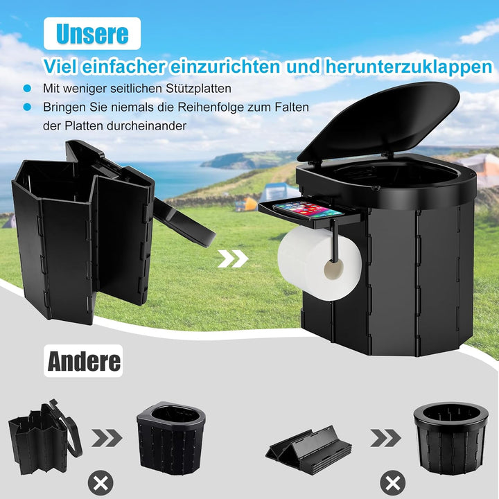WADEO Tragbare Campingtoilette mit Deckel, 30 cm hohe Mobile Toilette mit 12 Stück Toilettenbeutel,