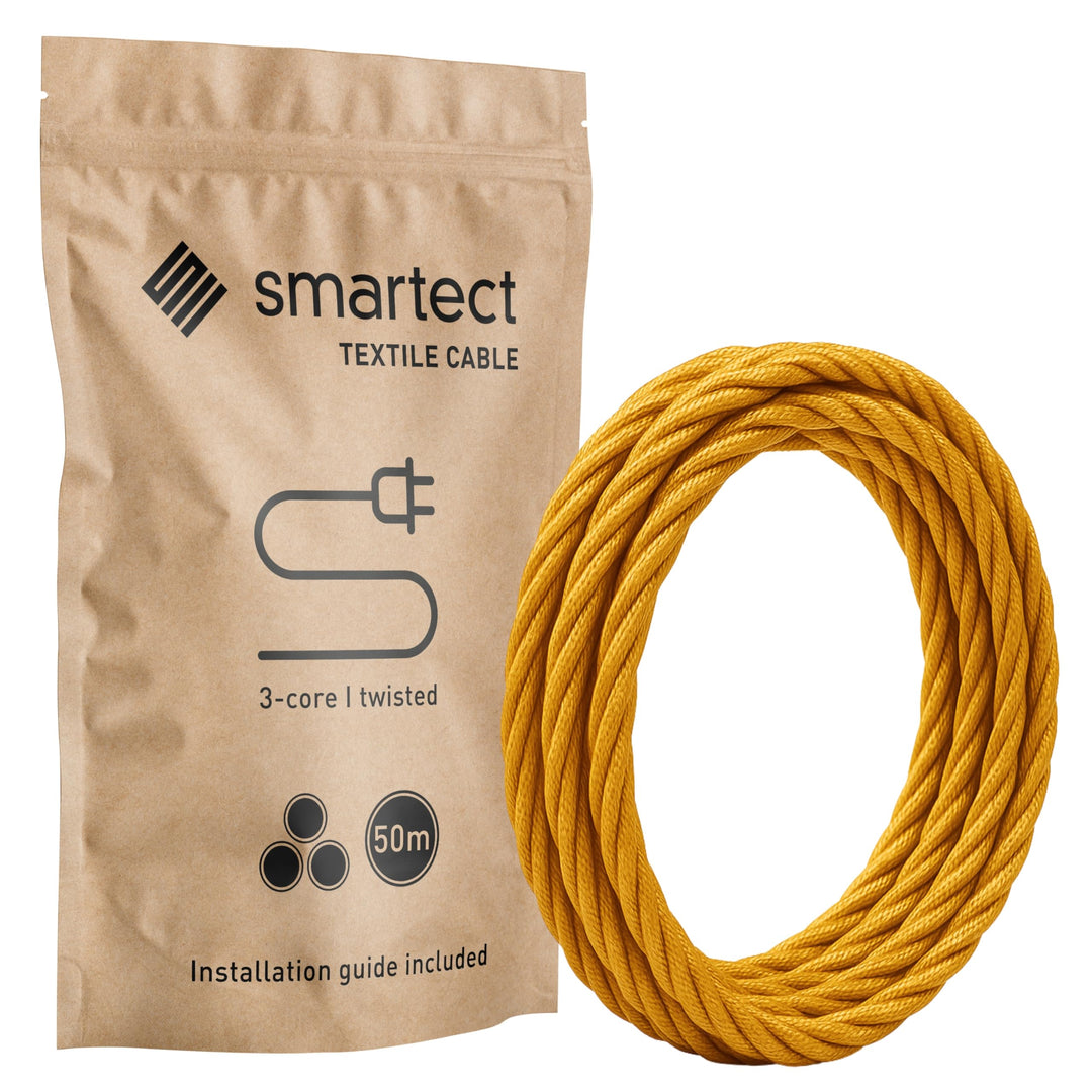 smartect Textilkabel Gold, 50 Meter Vintage Lampenkabel Stoff Gedreht, 3-Adrig (3 x 0.75 mm²) Stromk