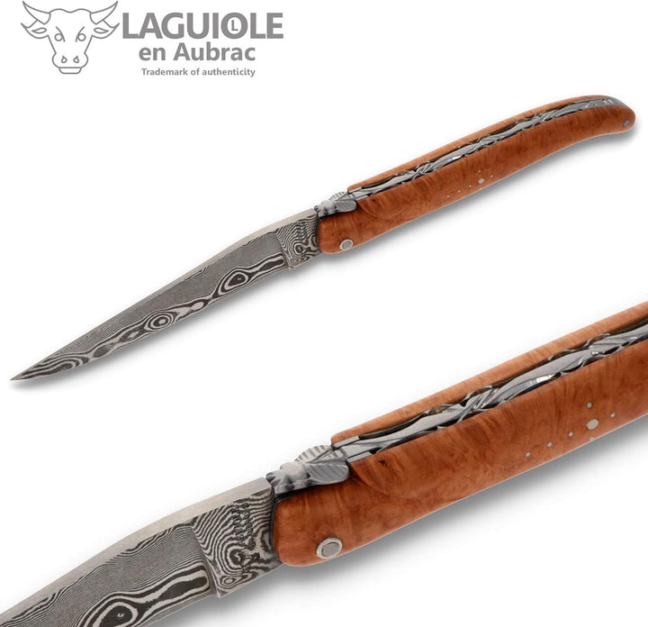 Laguiole en Aubrac Messer 12 cm - Griffschalen Bruyère plein manche - Zisellierte Platine - Damastkl