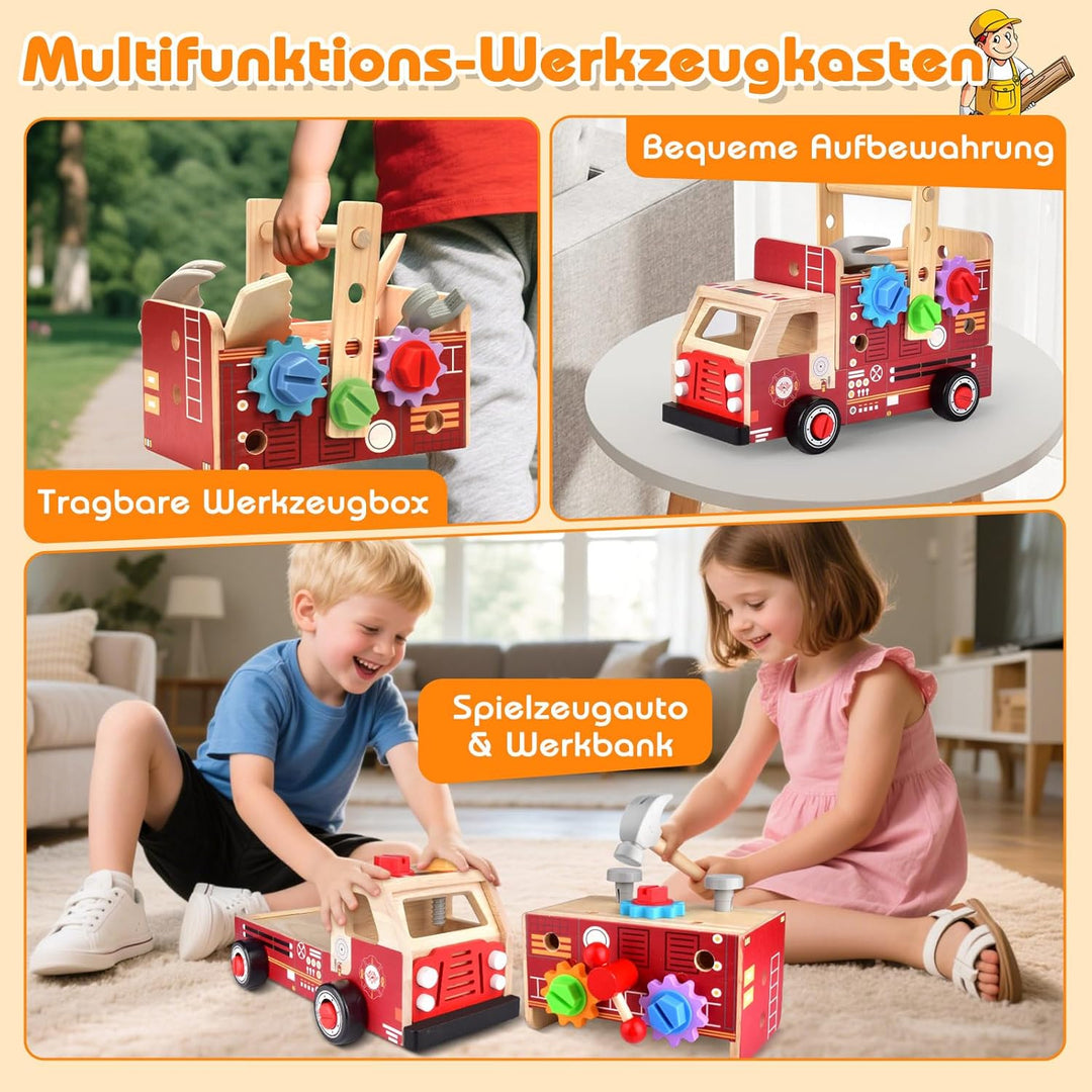 Werkzeugkoffer Kinder Werkbank, 2 in 1 Feuerwehrfahrzeug aus Holz und Werkzeug Kinder, Montessori Ho