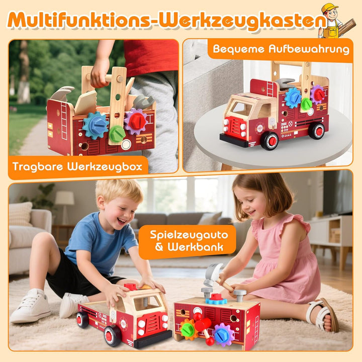 Werkzeugkoffer Kinder Werkbank, 2 in 1 Feuerwehrfahrzeug aus Holz und Werkzeug Kinder, Montessori Ho