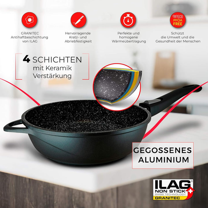 briebe Pfannenset Induktion 2 Abnehmbare Griffe 2-Teilig Pfannen Tiefe 24cm, 28cm mit Glasdeckel Gus