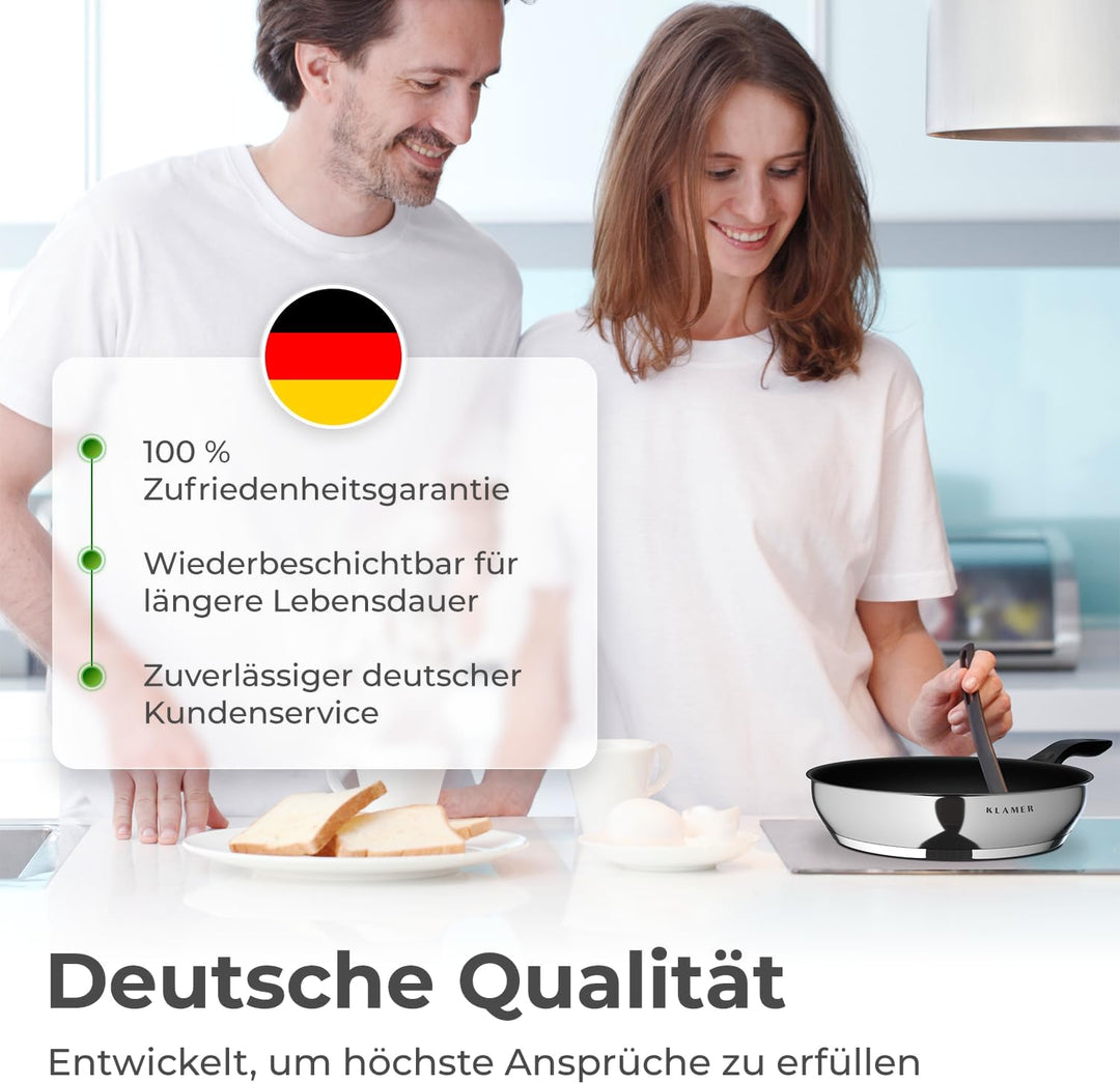 KLAMER Pfanne 24 cm, Profi Edelstahl-Bratpfanne, Induktionspfanne mit Premium Beschichtung, Pfanne 2