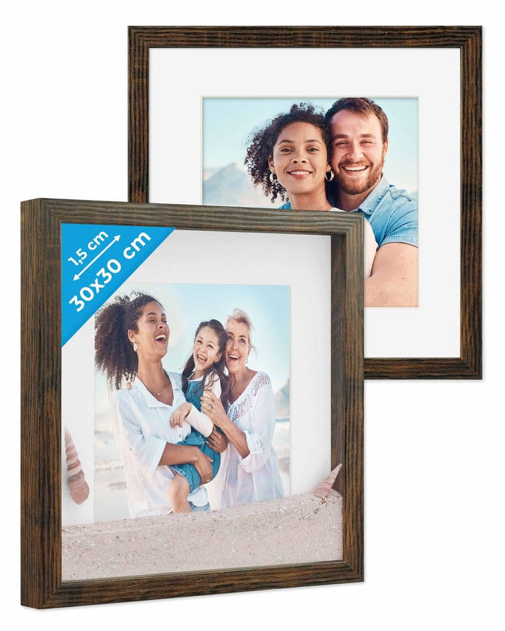 PHOTOLINI 3D-Bilderrahmen zum Befüllen 30x30 cm, Eiche Dunkel, Bilderrahmen tief mit Passepartout, 2