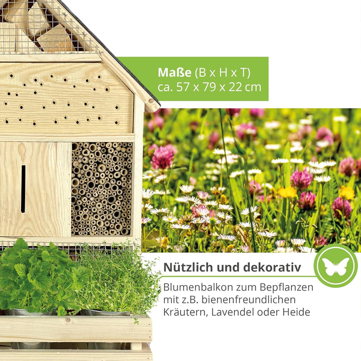 GARTENETAGE Insektenhotel zum Aufhängen XXL mit Pflanzenbalkon &amp; Schieferdach/Naturbelassenes, massi