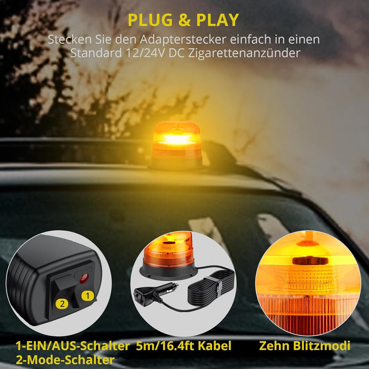 PROZOR 24LEDs Notfall Warnblinklicht mit E-Mak, 7 Blitzmodus 24W 12V/24V Rundumleuchte Wasserdicht W