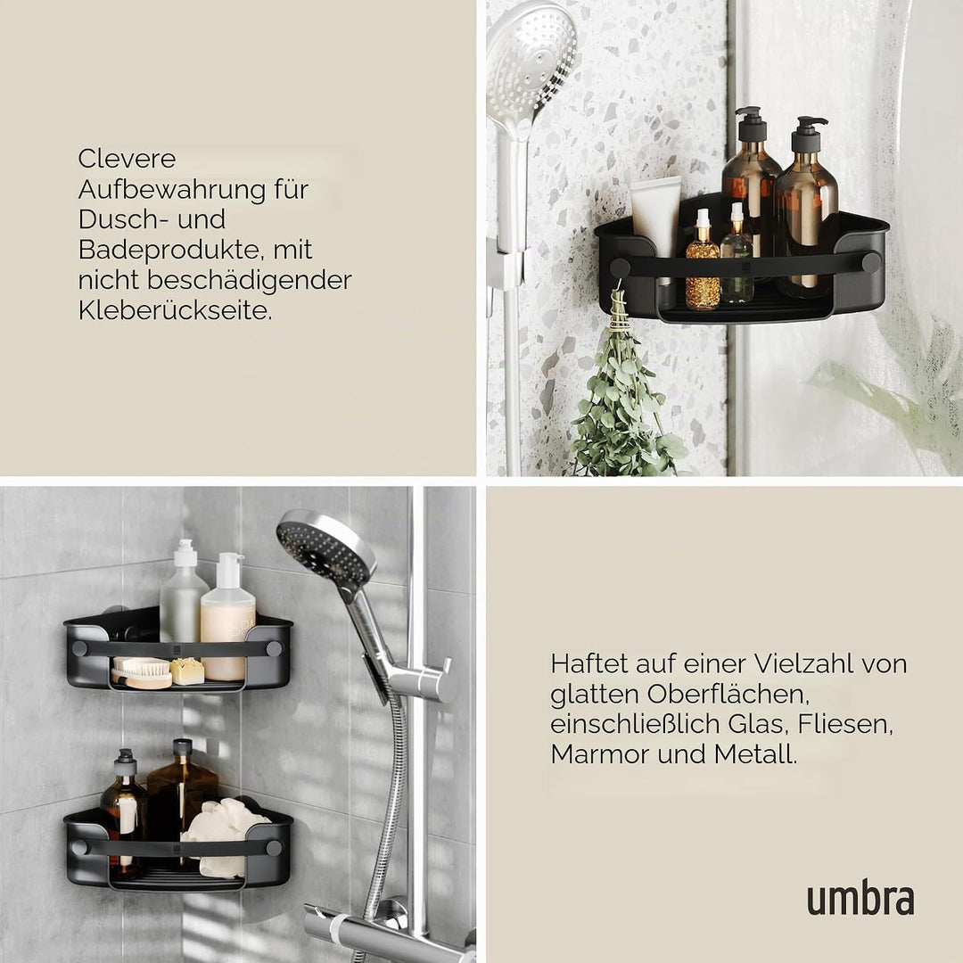 Umbra Flex Duschablage zum Kleben, ohne Bohren, Schwarz | Wasserfester Klebestreifen, integrierter A
