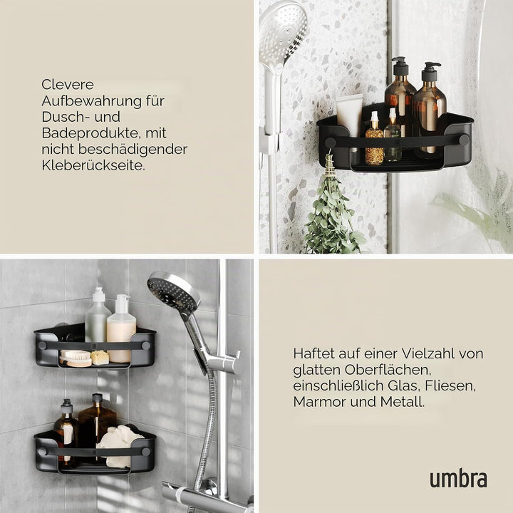 Umbra Flex Duschablage zum Kleben, ohne Bohren, Schwarz | Wasserfester Klebestreifen, integrierter A