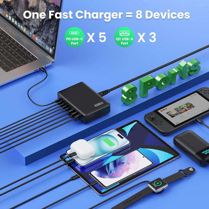 Feob 430W USB C Ladegerät Mehrfach, 8 Ports GAN IV Schnellladegerät PD 100W Ladestation Charger Stat