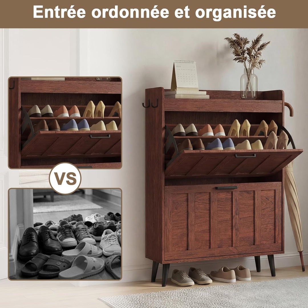 Schuhschrank Schmal mit 2 Klappschubladen, Landhausstil Schuhaufbewahrung für Flur Wohnzimmer, Kipps