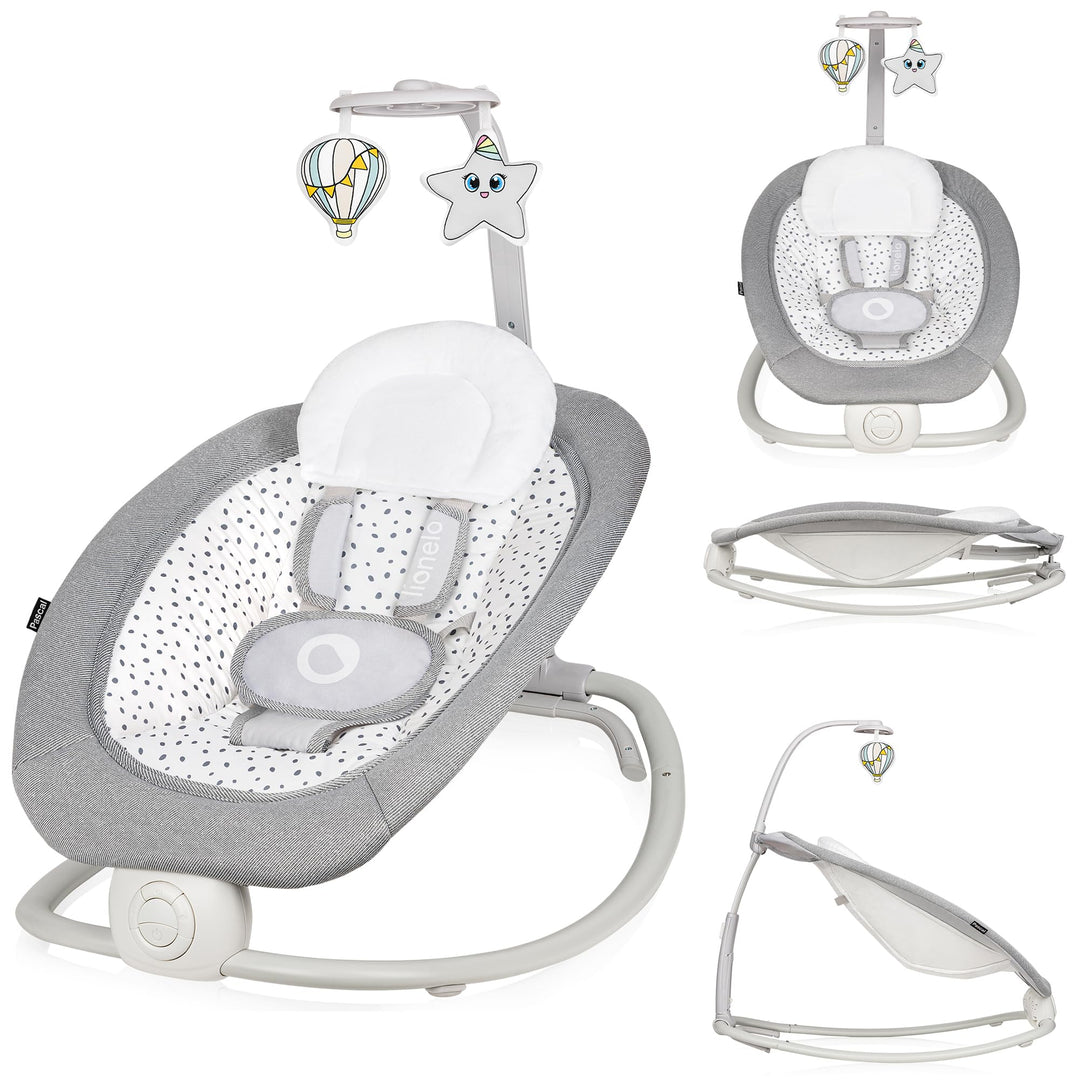 LIONELO Pascal Baby Wippe, sanfte Vibrationen, 5 Melodien, Spielzeugkarussell mit interaktiven Plüsc