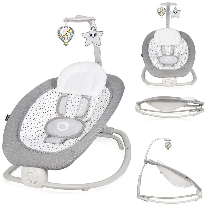 LIONELO Pascal Baby Wippe, sanfte Vibrationen, 5 Melodien, Spielzeugkarussell mit interaktiven Plüsc