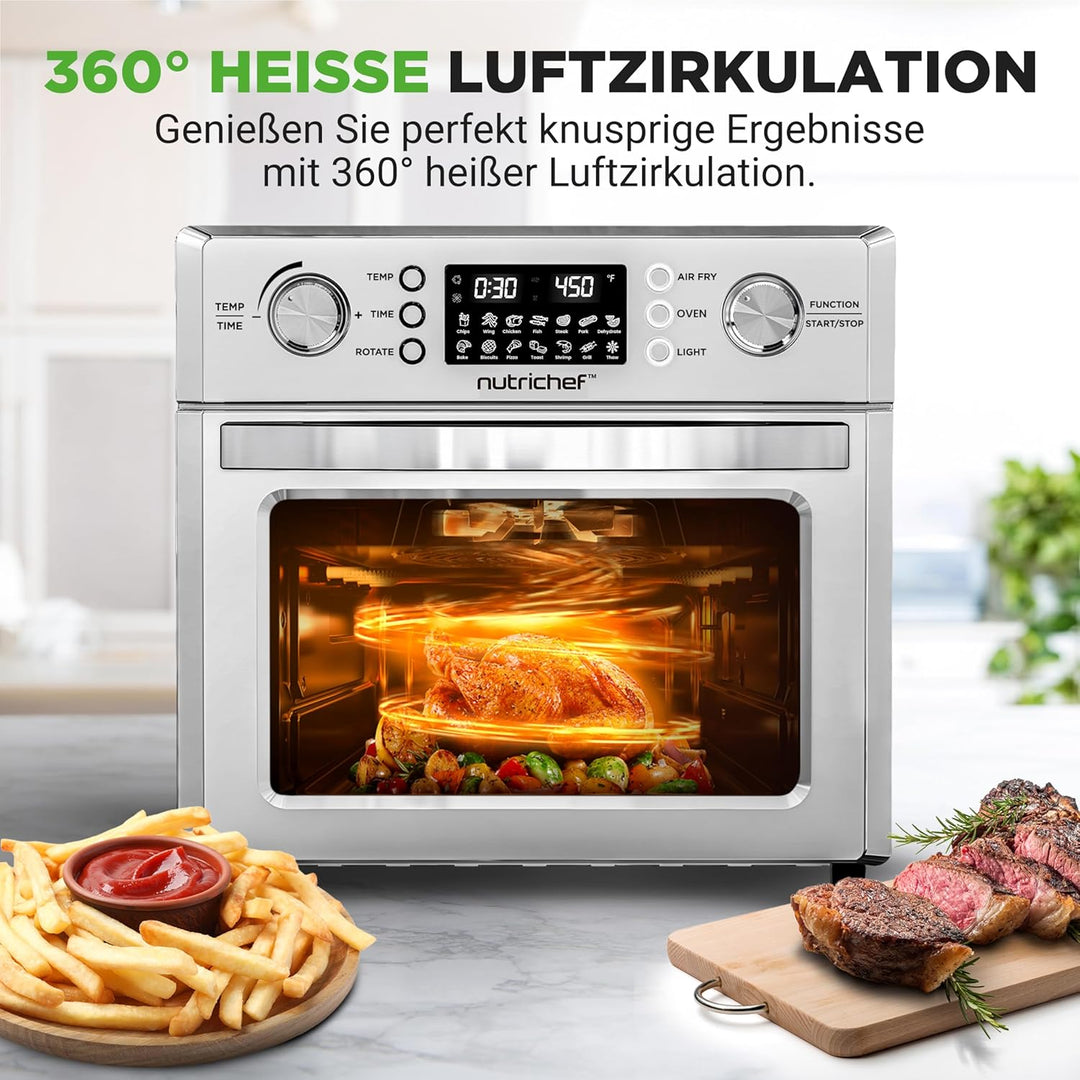 NutriChef Heissluftfritteuse 26L – Multifunktionaler Airfryer Ofen mit Rotisserie & Dampfgarer | 10-