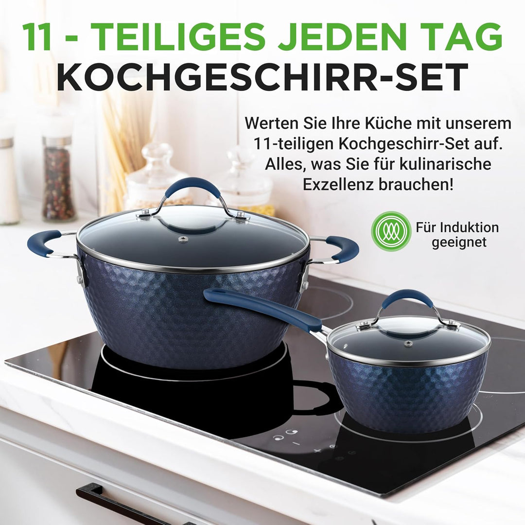 NutriChef Pfannenset &amp; Topfset 11-teilig Antihaftbeschichtet – Kochtopf Set mit Durchsichtigen Decke