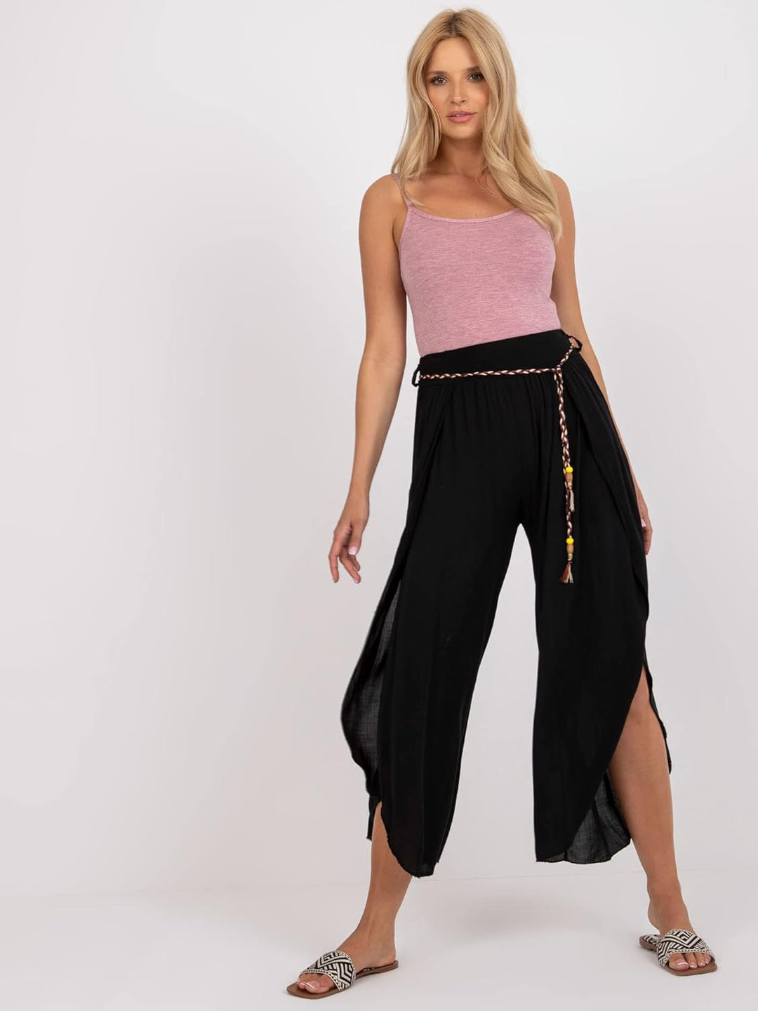 Weite Lockere Damenhose mit Geschlitztem Bein Damenhose mit Schlitzen Wickelbeinen, Luftig Leichte V