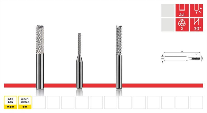 fein verzahnter Verbundstofffräser - d 3mm, D 3mm, SL 12mm, GL 40mm, d 3mm, D 3mm, SL 12mm, GL 40mm
