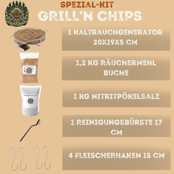 Kaltrauchgenerator/Räucherschnecke + 1,2 kg Räuchermehl Buche + 1 kg Nitritpökelsalz + 4 Haken & Bür