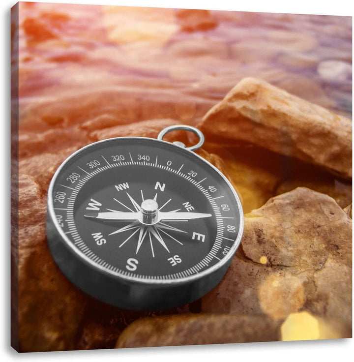 Pixxprint schöner Kompass Heimat schwarz/weiss, Format: 70x70 auf Leinwand, 70x70