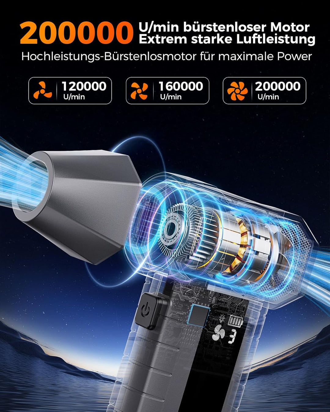 Druckluftspray Alternative, Elektrischer Air Duster mit 200.000 U/min Turbo Gebläse, 10500 mAh Akku