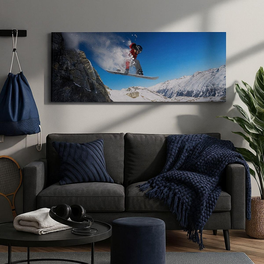 Panorama Bilder auf Leinwand 100x40cm Leinwandbild Snowboard Winter Berg Gipfel Gross Wanddeko Bild