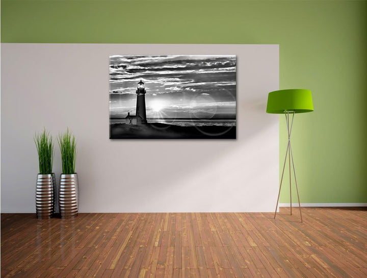 Pixxprint Monocrome, Grosser Leuchtturm im Sonnenuntergang, Format: 100x70 auf Leinwand, XXL riesige