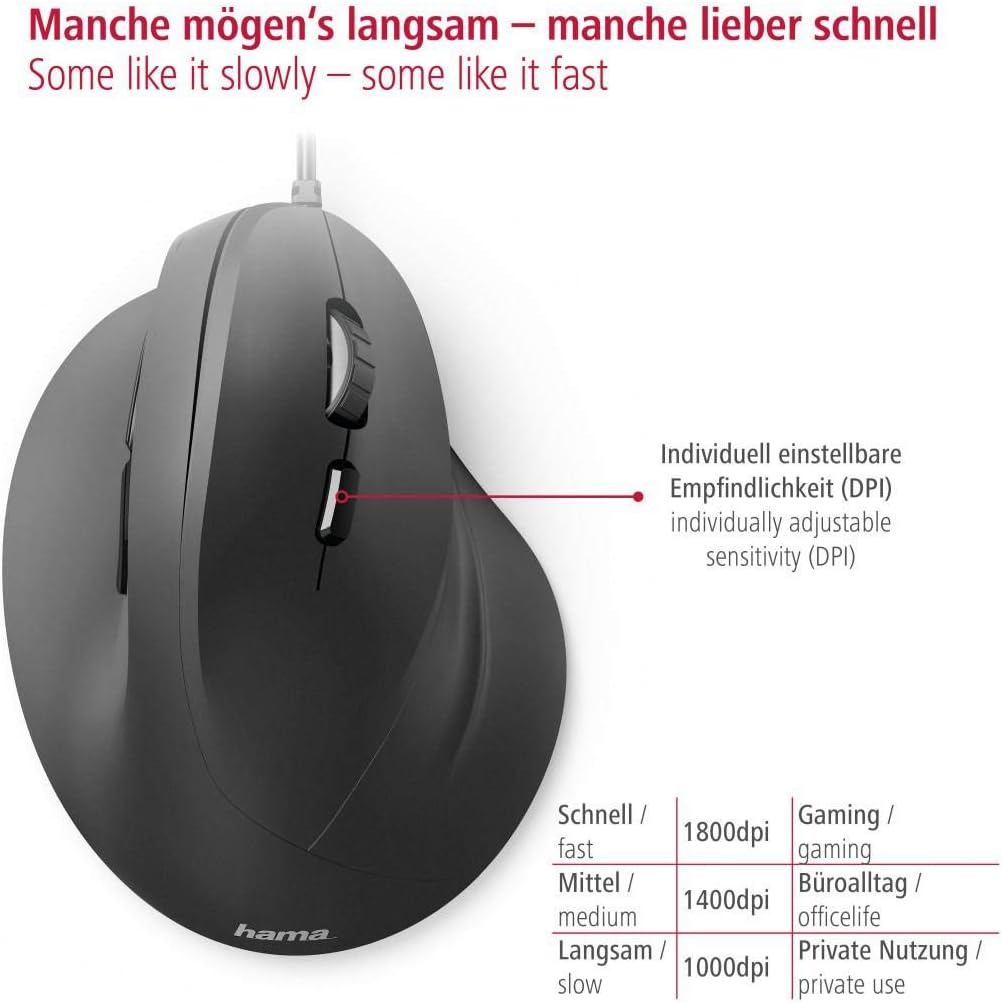 Hama ergonomische Maus (Vertikale Maus kabelgebunden für Rechtshänder, 3 Geschwindigkeitsstufen bis