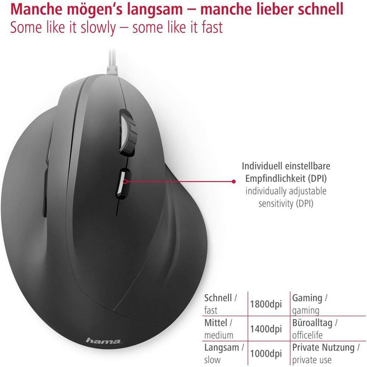 Hama ergonomische Maus (Vertikale Maus kabelgebunden für Rechtshänder, 3 Geschwindigkeitsstufen bis
