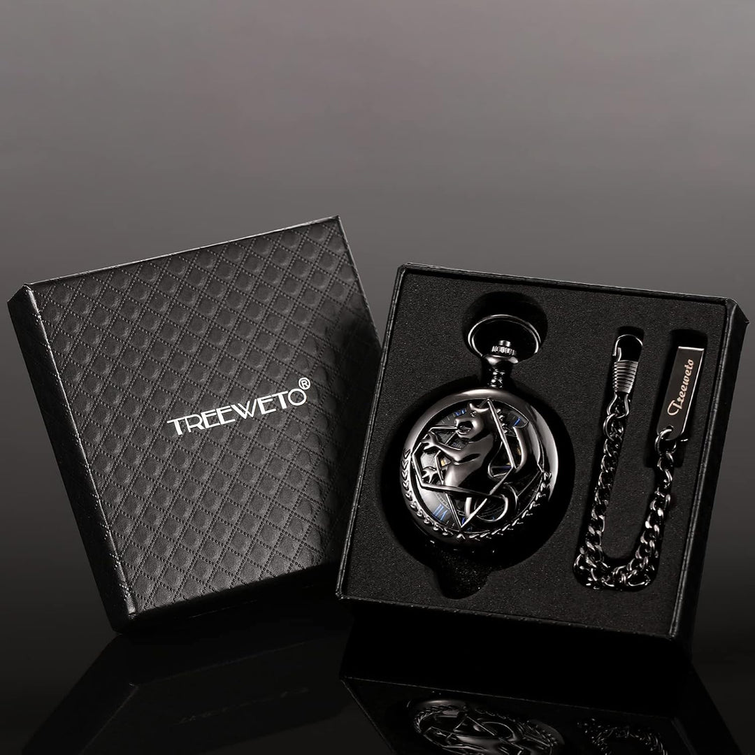 TREEWETO Fullmetal Alchemist Skeleton Steampunk Taschenuhr Mechanische Doppelabdeckung Taschenuhr mi