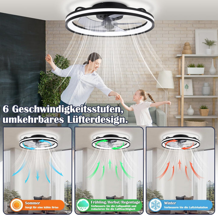 Fiqops Deckenventilator mit Beleuchtung und Fernbedienung Ø50 cm, LED Deckenleuchte 3 Farbtemperatur