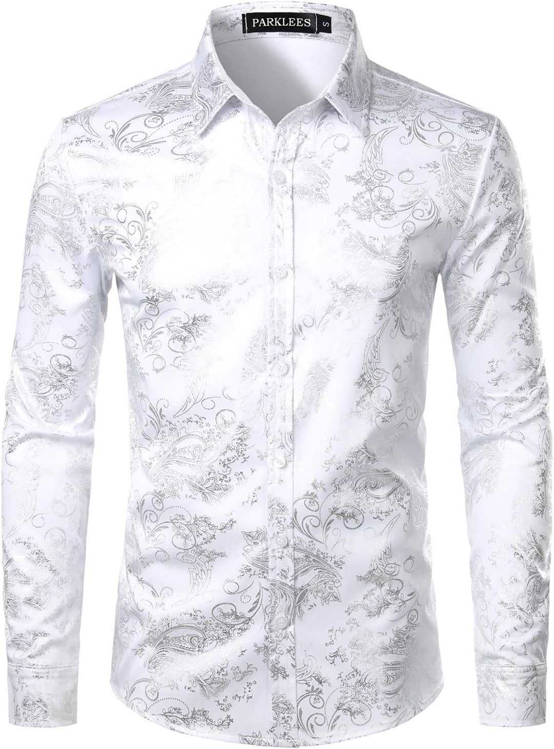 PARKLEES Herren Luxus Paisley Gemustert Golden Glänzend Slim Fit Freizeithemd XXL Weiss Silber, XXL
