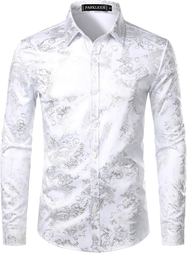 PARKLEES Herren Luxus Paisley Gemustert Golden Glänzend Slim Fit Freizeithemd XXL Weiss Silber, XXL