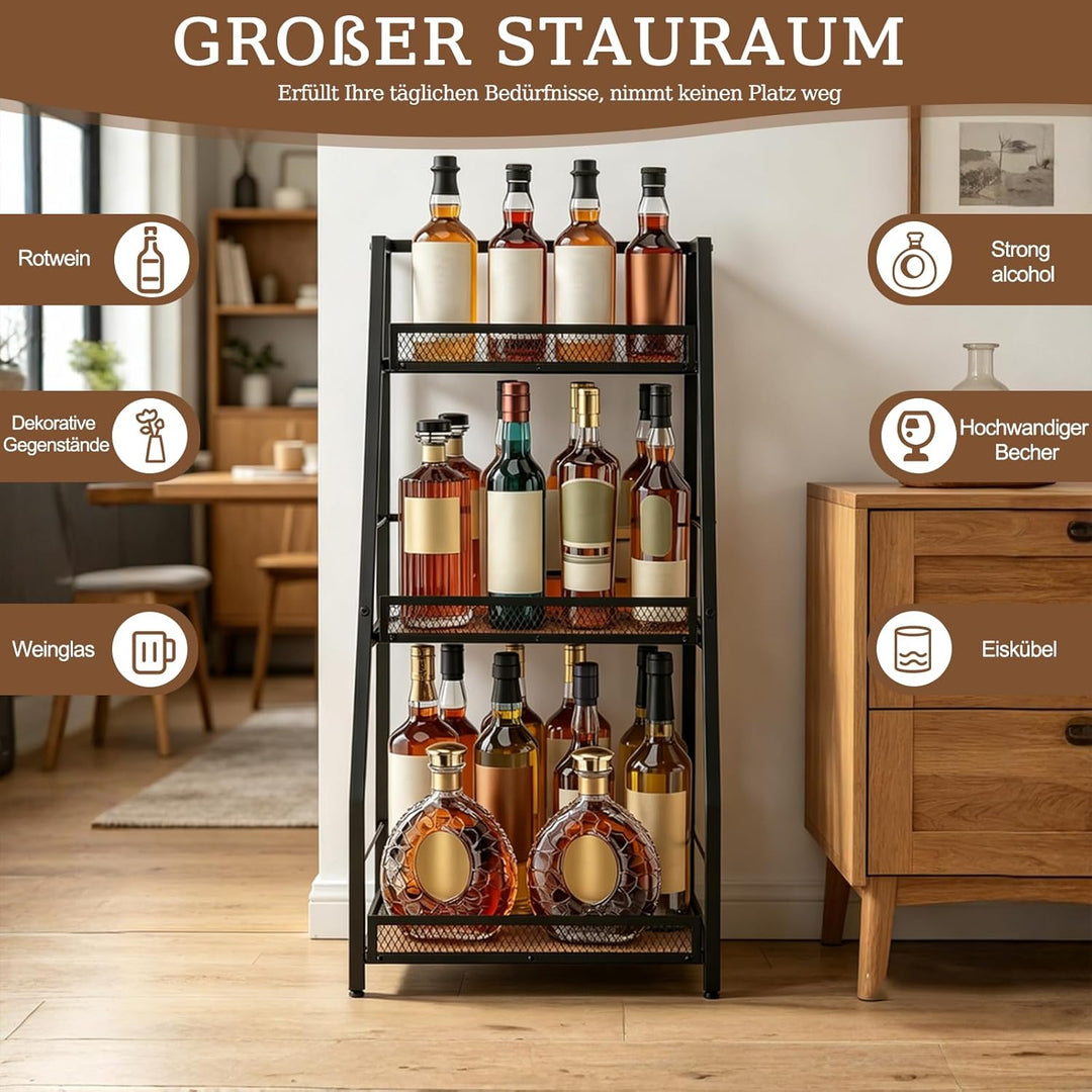3-Tier Abgestufte Liquor Cabinet Mini Bar, Freistehendes Weinregal mit Geländer, Metall-Holz Flasche