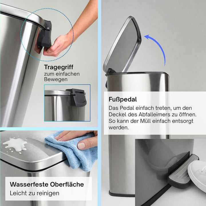 PROREGAL Mülleimer Küche Bad 50L, Abfalleimer mit Softclose & Stay-Open Deckel, Fusspedal & Inneneim