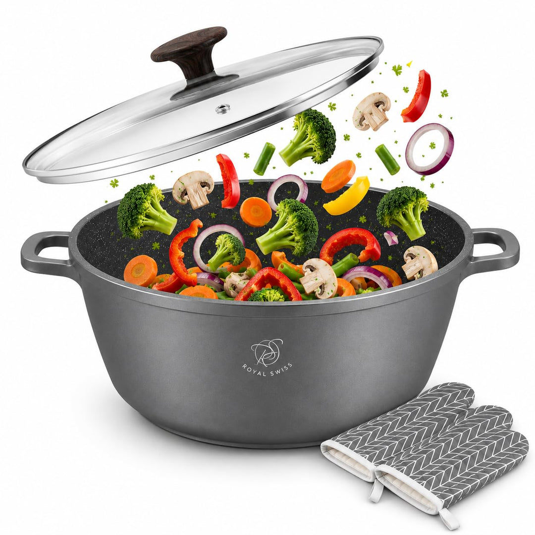 Royal Swiss® Kochtopf aus Aluminiumguss, Ø 32 cm - 9.5 Liter Gussaluminium mit Marmor-Antihaftbeschi
