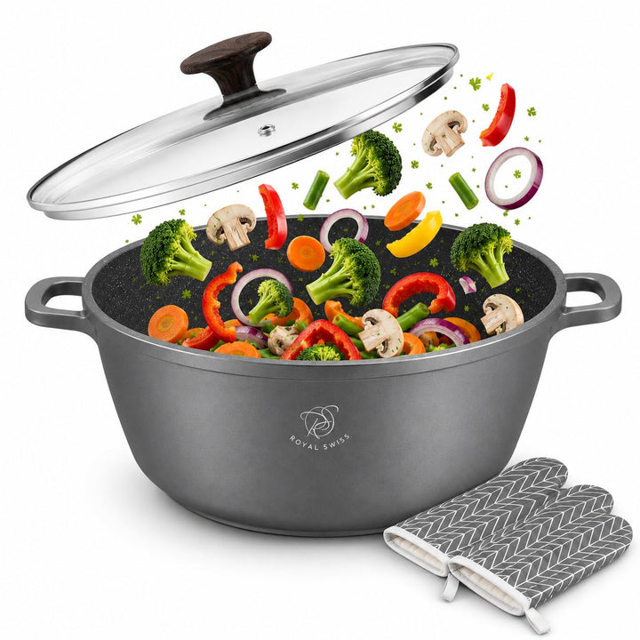 Royal Swiss® Kochtopf aus Aluminiumguss, Ø 32 cm - 9.5 Liter Gussaluminium mit Marmor-Antihaftbeschi