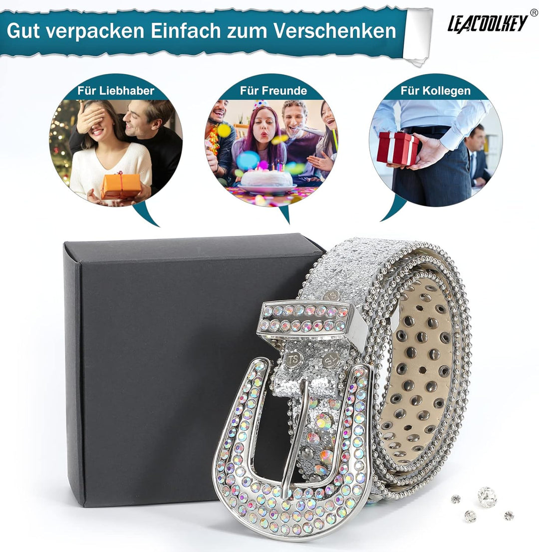 LEACOOLKEY Damen Männer Mode Strass Gürtel, Western Cowgirl Nieten Punk PU Ledergürtel für Jeans M:P