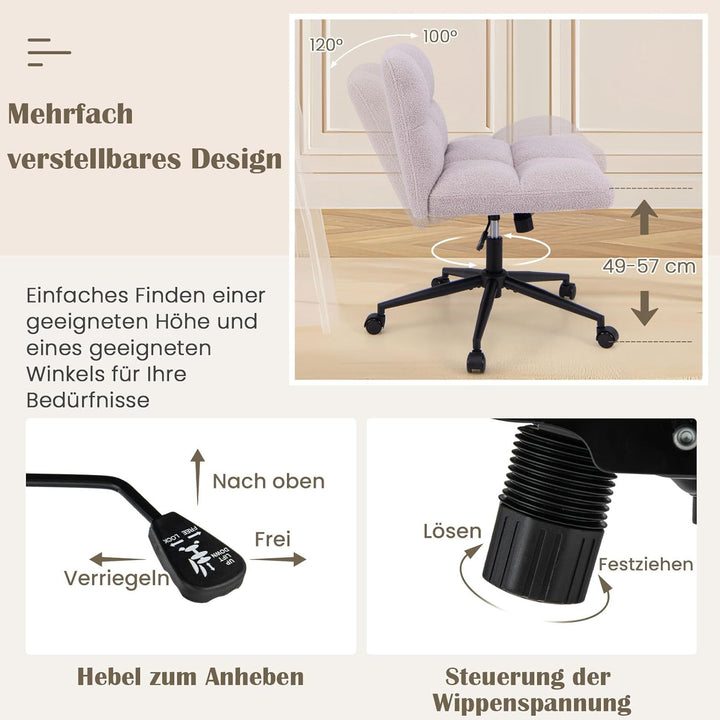COSTWAY Schneidersitz Stuhl mit Rollen, Drehstuhl ohne Armlehnen, Schreibtischstuhl mit breiter Sitz
