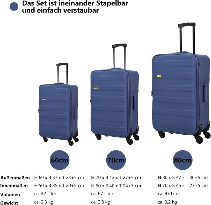 SIGN Stoffkoffer Reisekoffer Trolley (Handgepäck-Mittel-Gross-Set) + 5cm Dehnungsfuge (Blau, Grosser