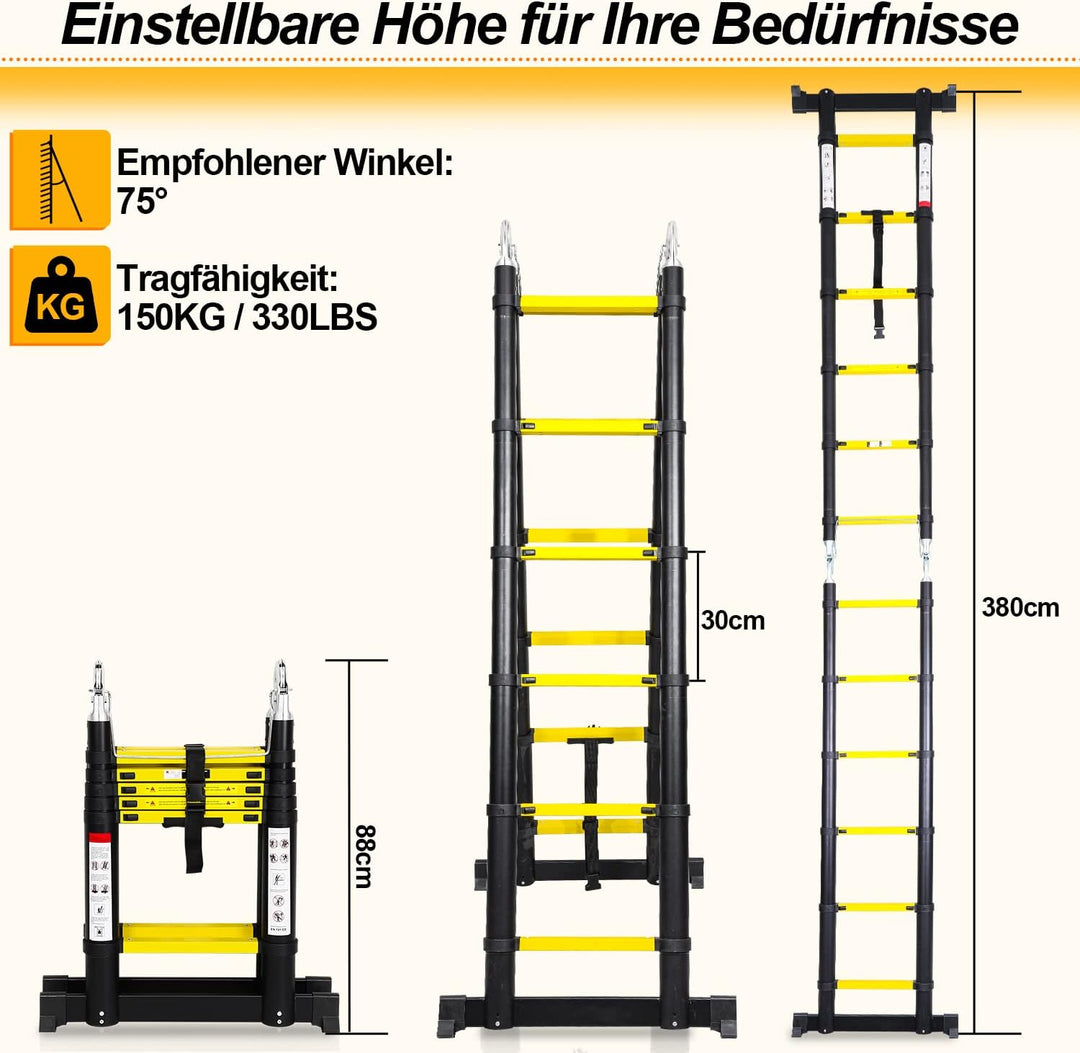 Ansobea Teleskopleiter 3.8m Aluminiumleiter Leiter Ausziehbar Teleskopleitern Schiebe Teleskopleiter