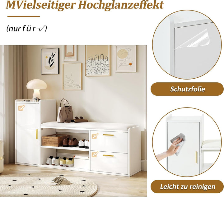 Merax Schuhschrank 128 × 30 × 68 cm mit Sitzbank &amp; Stauraum, Hochglanz Schuhregal mit 2 Schubladen u