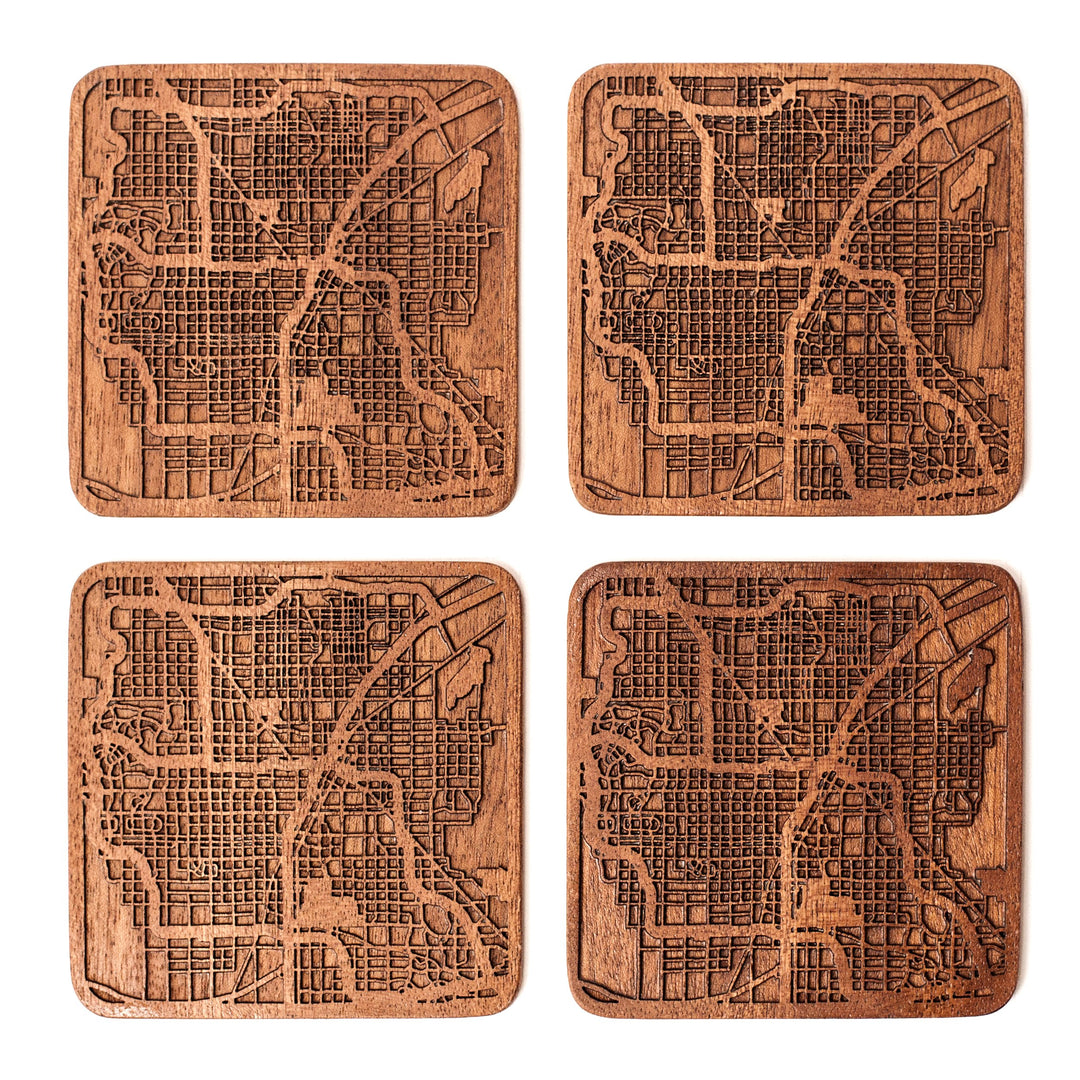 Las Vegas Untersetzer mit Landkarte aus Sapeli-Holz, 4 Stück, mit Stadtkarte, mehrere Stadt optional