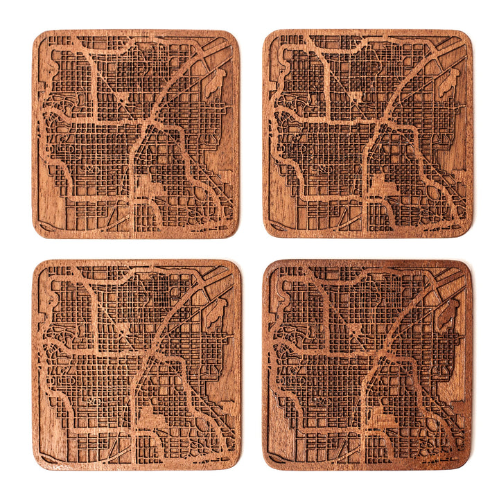 Las Vegas Untersetzer mit Landkarte aus Sapeli-Holz, 4 Stück, mit Stadtkarte, mehrere Stadt optional