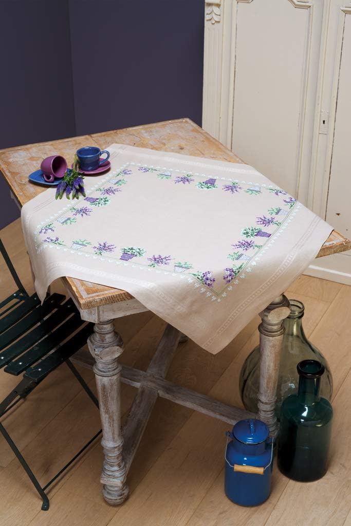 Vervaco Tischdecke Lavendel, Stickbild vorgezeichnet Bedruckte Decke mit Webrand, Baumwolle, Mehrfar
